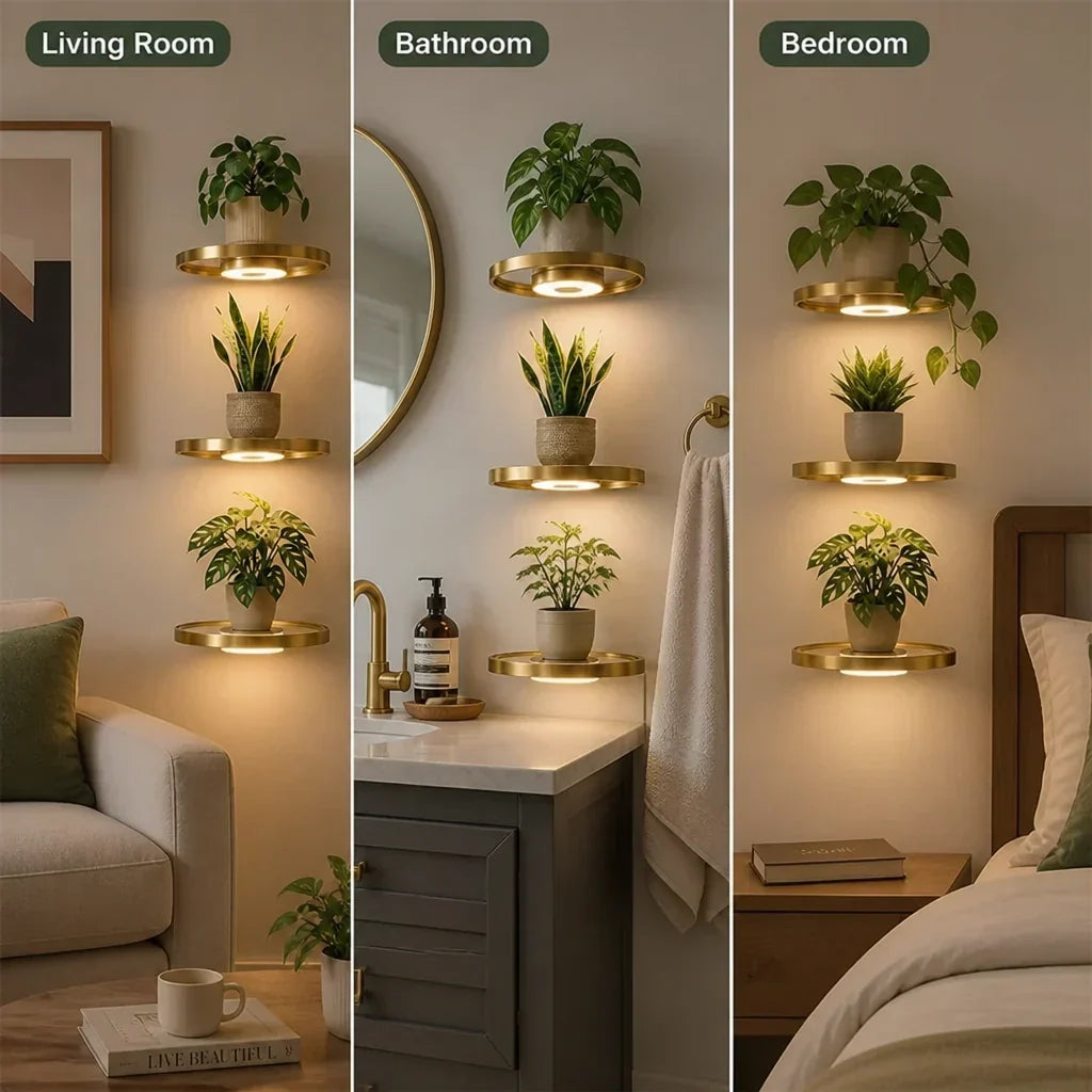 Dreigeteiltes Bild mit den beleuchteten goldfarbenen Wandregalen samt Pflanzen in Wohnzimmer, Badezimmer und Schlafzimmer. 5