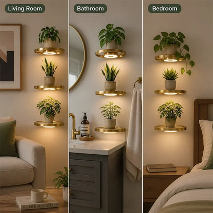 Dreigeteiltes Bild mit den beleuchteten goldfarbenen Wandregalen samt Pflanzen in Wohnzimmer, Badezimmer und Schlafzimmer. 5