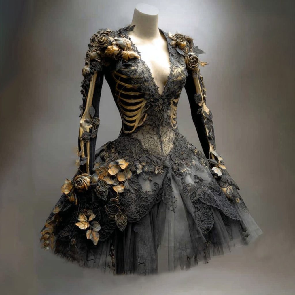 Schwarz-graues Spitzenkleid mit goldenem Rippen- und Armknochen-Motiv, Rosenapplikationen und Tüllrock, auf einer Schaufensterpuppe vor grauem Hintergrund. 1