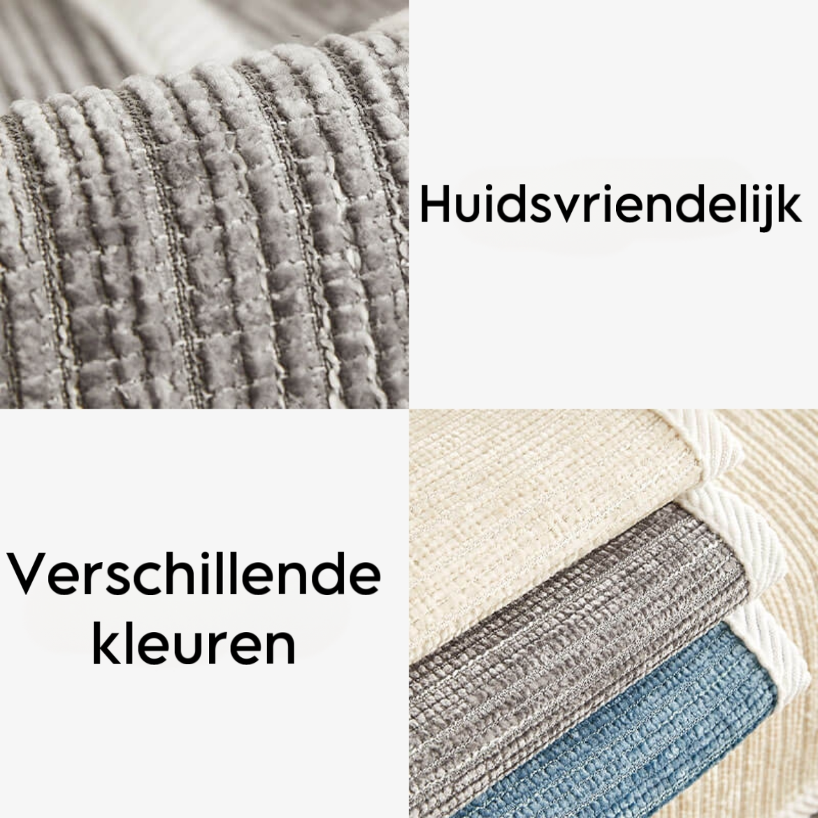Nahaufnahme von hautfreundlichen Stoffen in verschiedenen Farben, ideal für Polstermöbel.