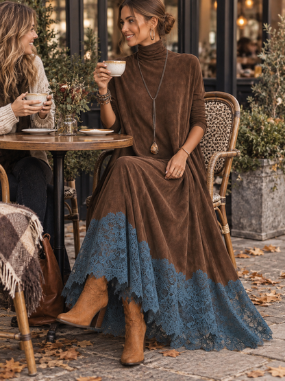 Frau im braunen Kleid mit blauem Spitzensaum sitzt im Herbst auf einer Café-Terrasse und trinkt Kaffee 6