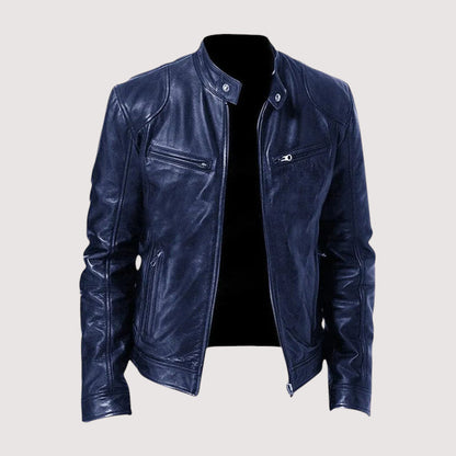 Dunkelblaue Lederjacke mit Stehkragen und Reißverschlusstaschen, offen von vorn gezeigt 4