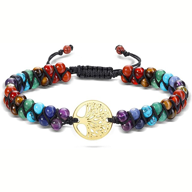7 Chakra Armband, Naturstein, verstellbar, Baum des Lebens, Boho, Yoga, handgefertigt, Unisex.