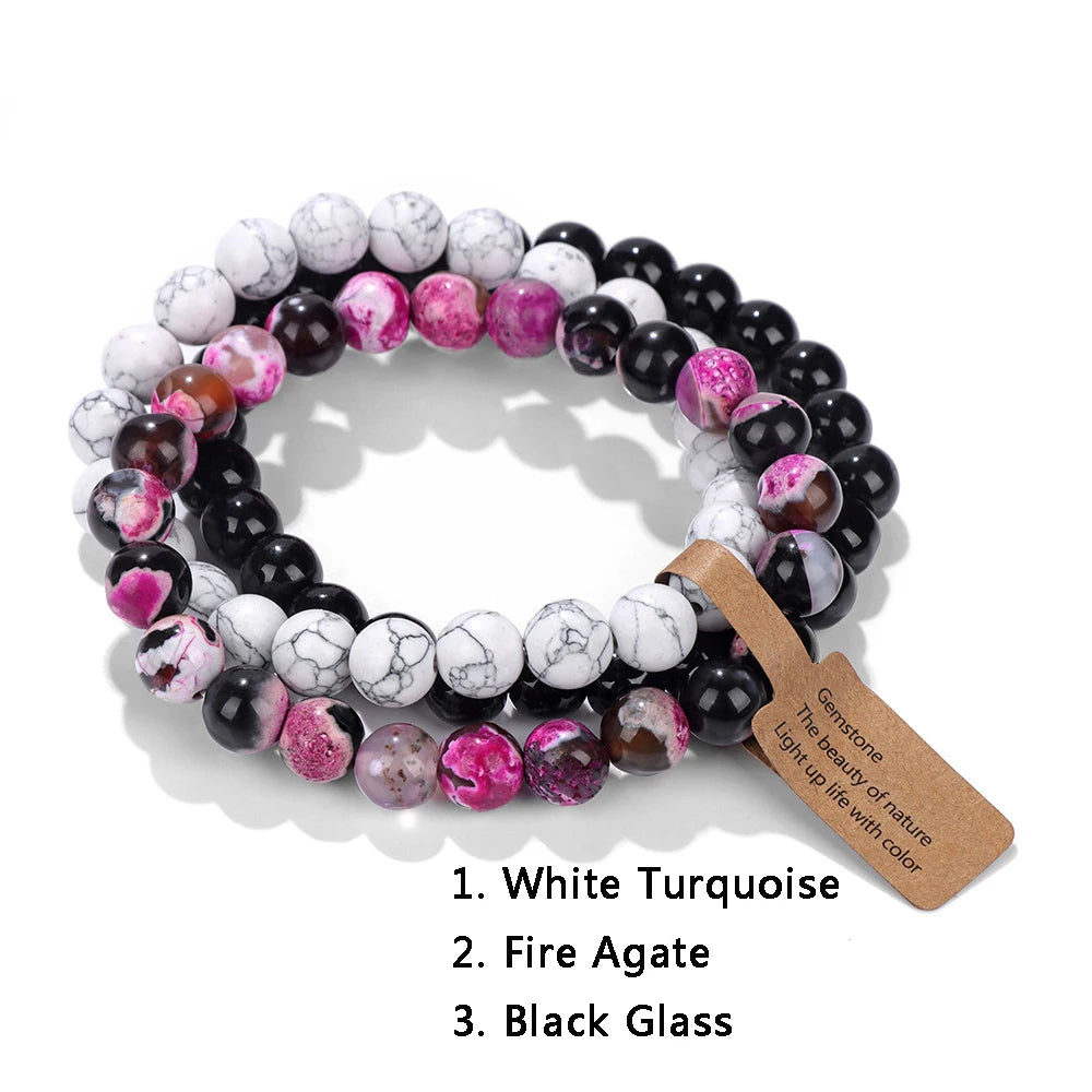 Armband aus weißem Türkis, Feuerachat und schwarzem Glas, modisch, handgefertigt, Unisex.