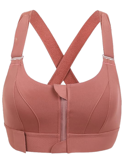 Rosa Sport-BH mit Reißverschluss vorne, verstellbaren Trägern, stützendem Design.