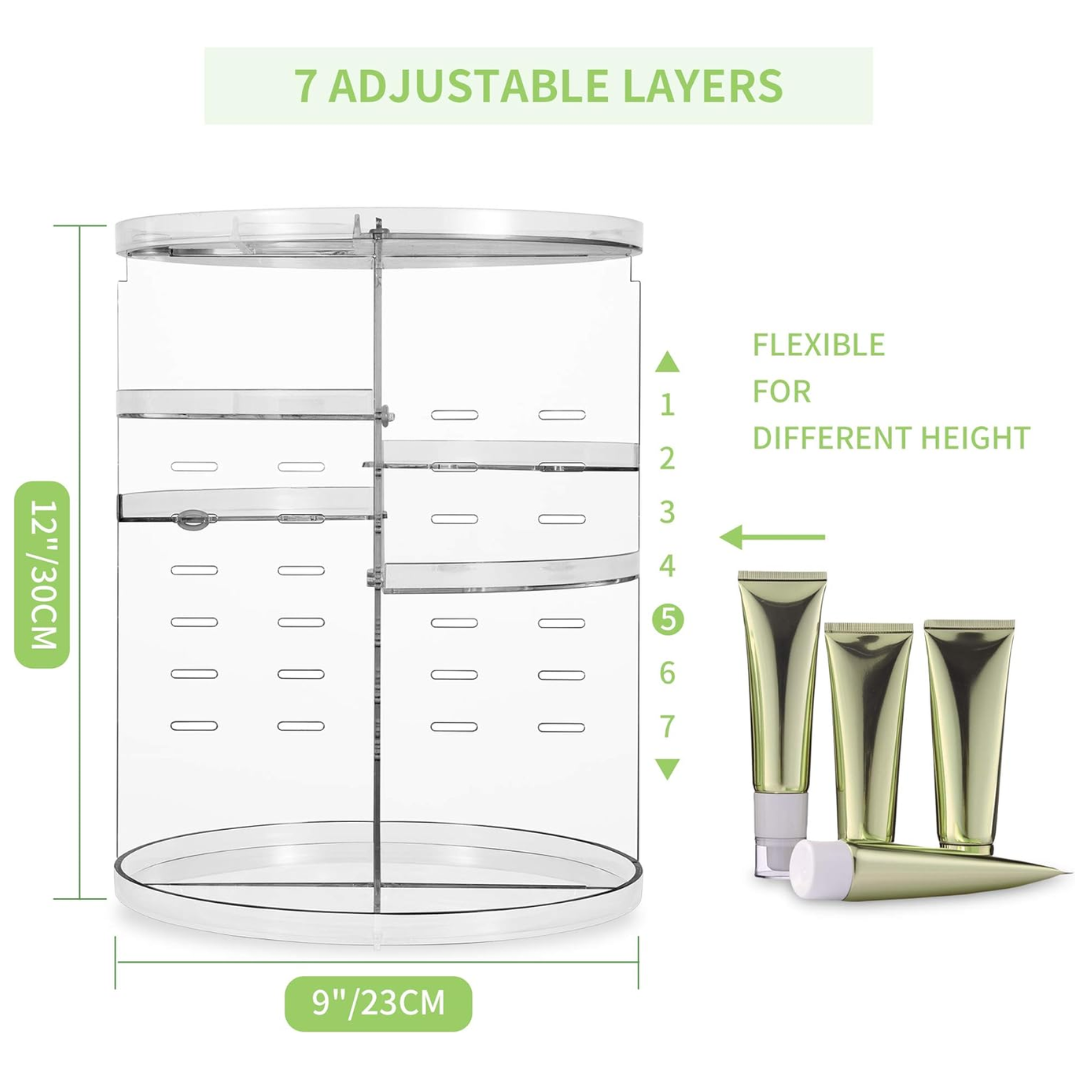 Runder, transparenter Kosmetik-Organizer mit 7 verstellbaren Ebenen, 23 cm Durchmesser.