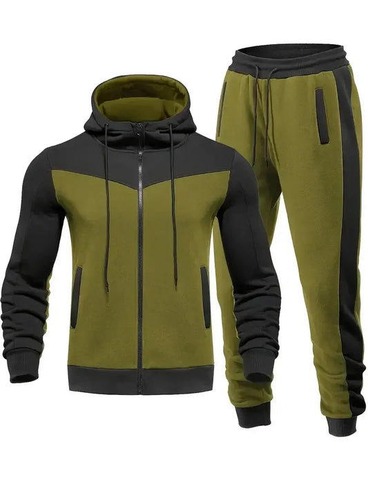 Grüner Herren-Trainingsanzug mit Kapuzenjacke und Jogginghose, sportlich, bequem.