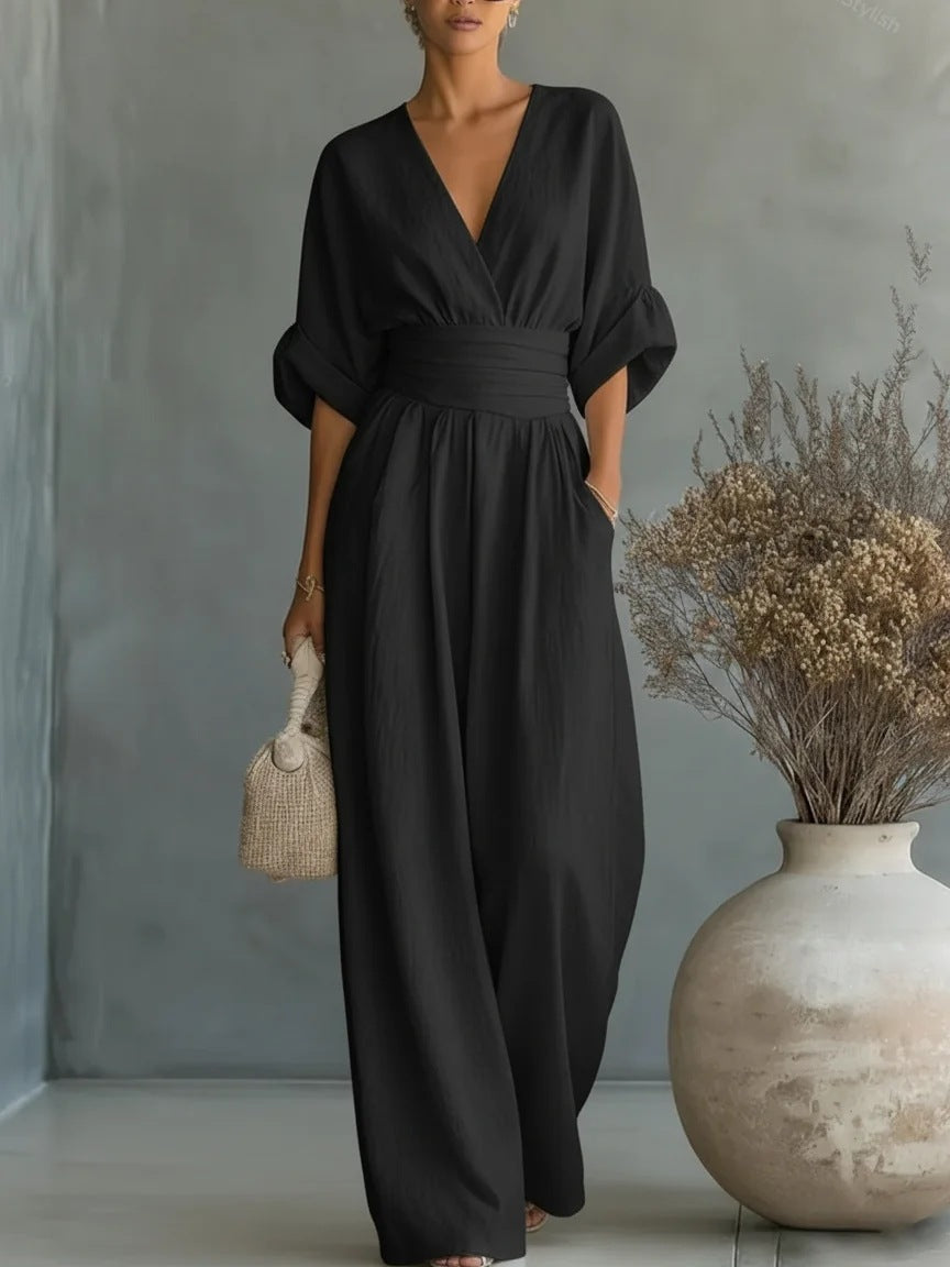 Women's Elegant V-Neck Jumpsuit with High-Waist Wide-Leg Pants 5