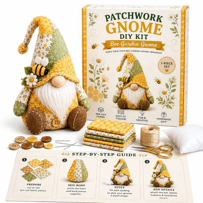 Gelb-grüner Bienen-Wichtel neben Verpackung, Stoffstapel, Garn, Knöpfen, Nadeln, Schere, Füllwatte und bebilderter Anleitung 6