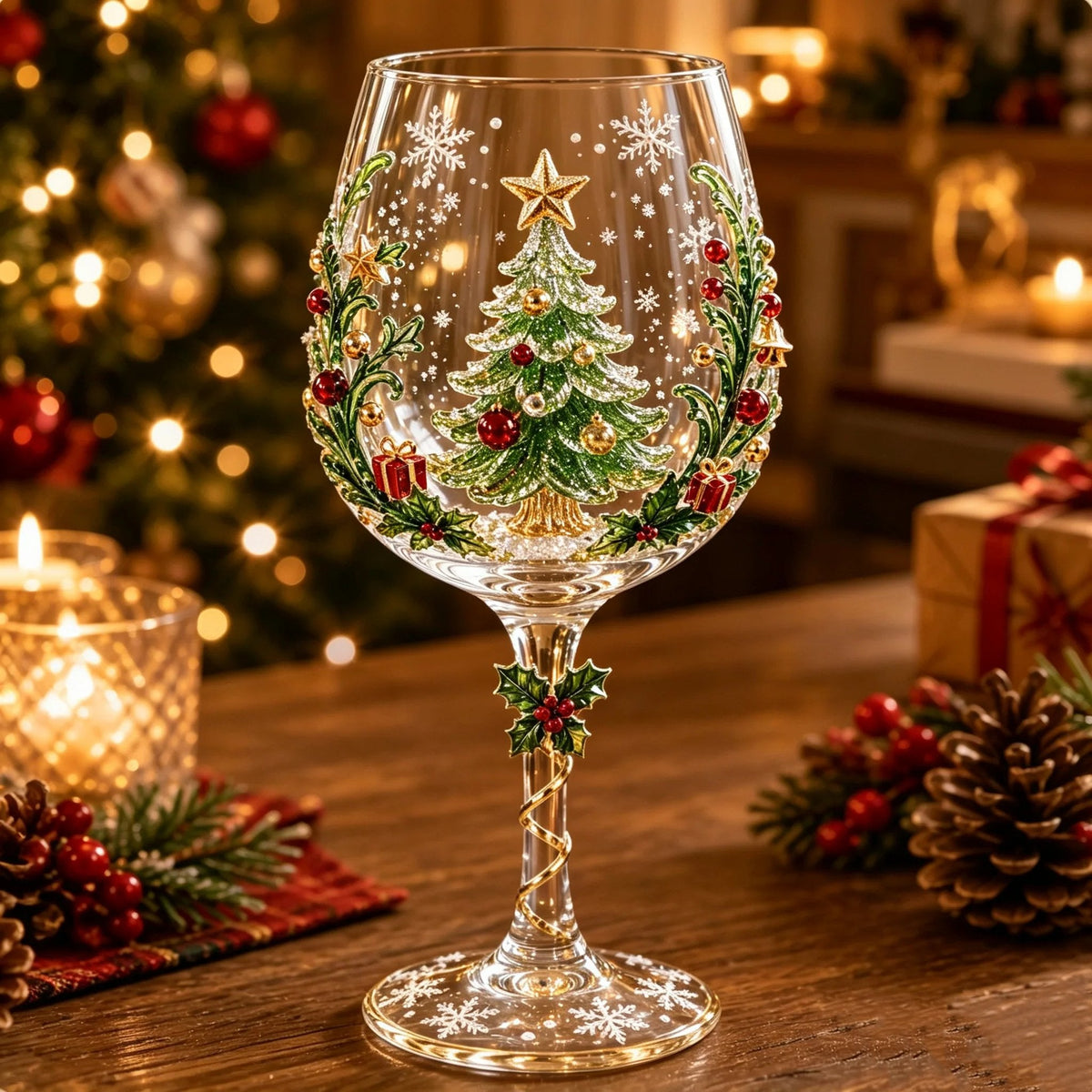 Weinglas mit verziertem Tannenbaum mit goldenem Stern, roten Kugeln und Geschenken, seitlich Stechpalmenranken 4