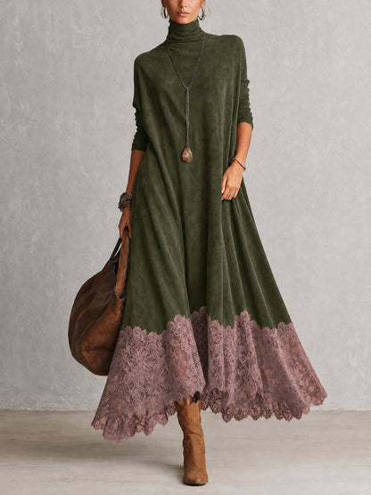 Kleid in Olivgrün mit rosafarbenem Spitzensaum, Ganzkörperansicht mit Cowboystiefeln und Ledertasche 9