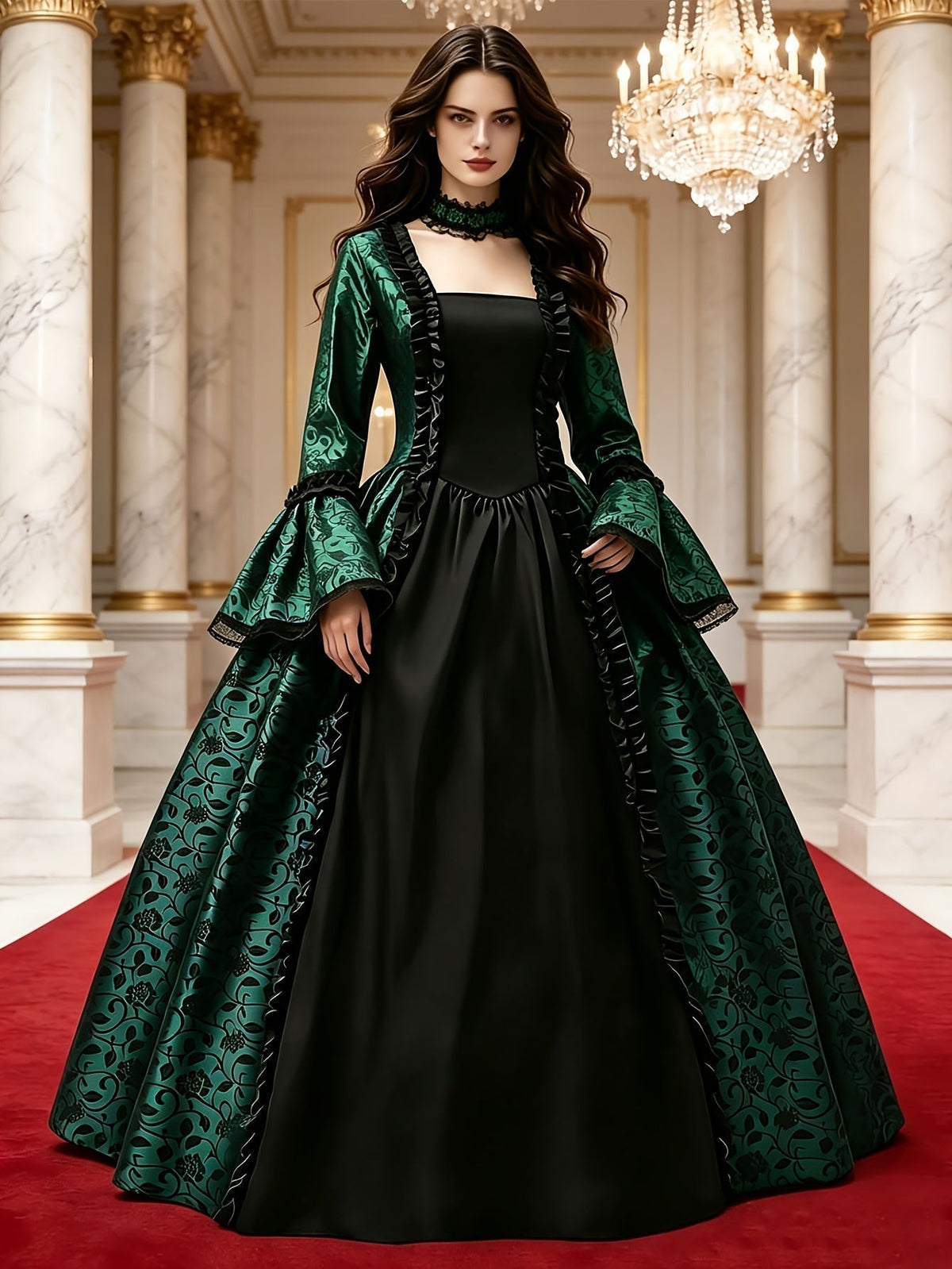 Model trägt das grün-schwarze Kleid mit grünem Spitzenhalsband in einem Marmorsaal mit Kronleuchter auf rotem Teppich. 6