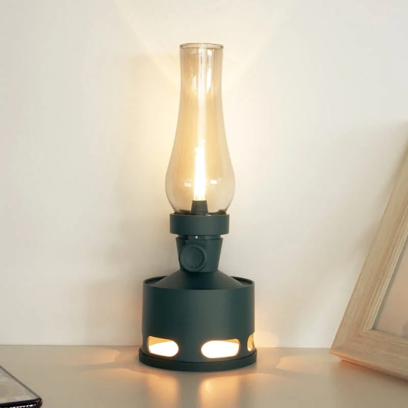 Moderne LED-Tischlampe in Dunkelgrün, vintage Design, Glasabdeckung, warmes Licht.