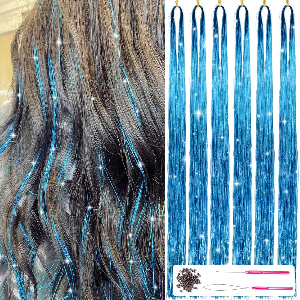 Blaue Haarsträhnen Extensions, glitzernd, für Party, 6 Stück, mit Werkzeug, modisch, DIY.