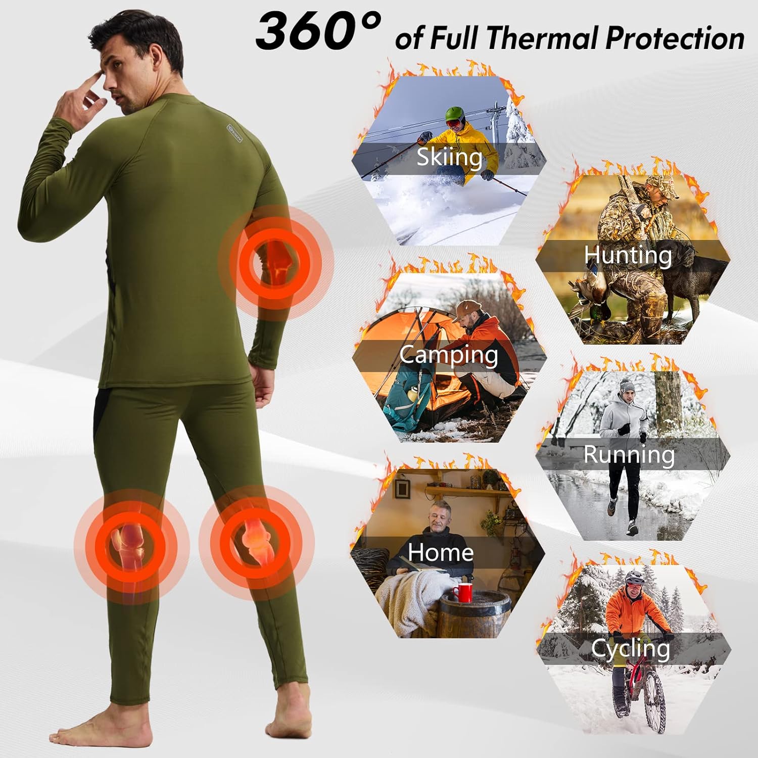Mann in olivgrünem Thermo-Unterwäsche-Set für Outdoor-Aktivitäten wie Skifahren und Jagen.