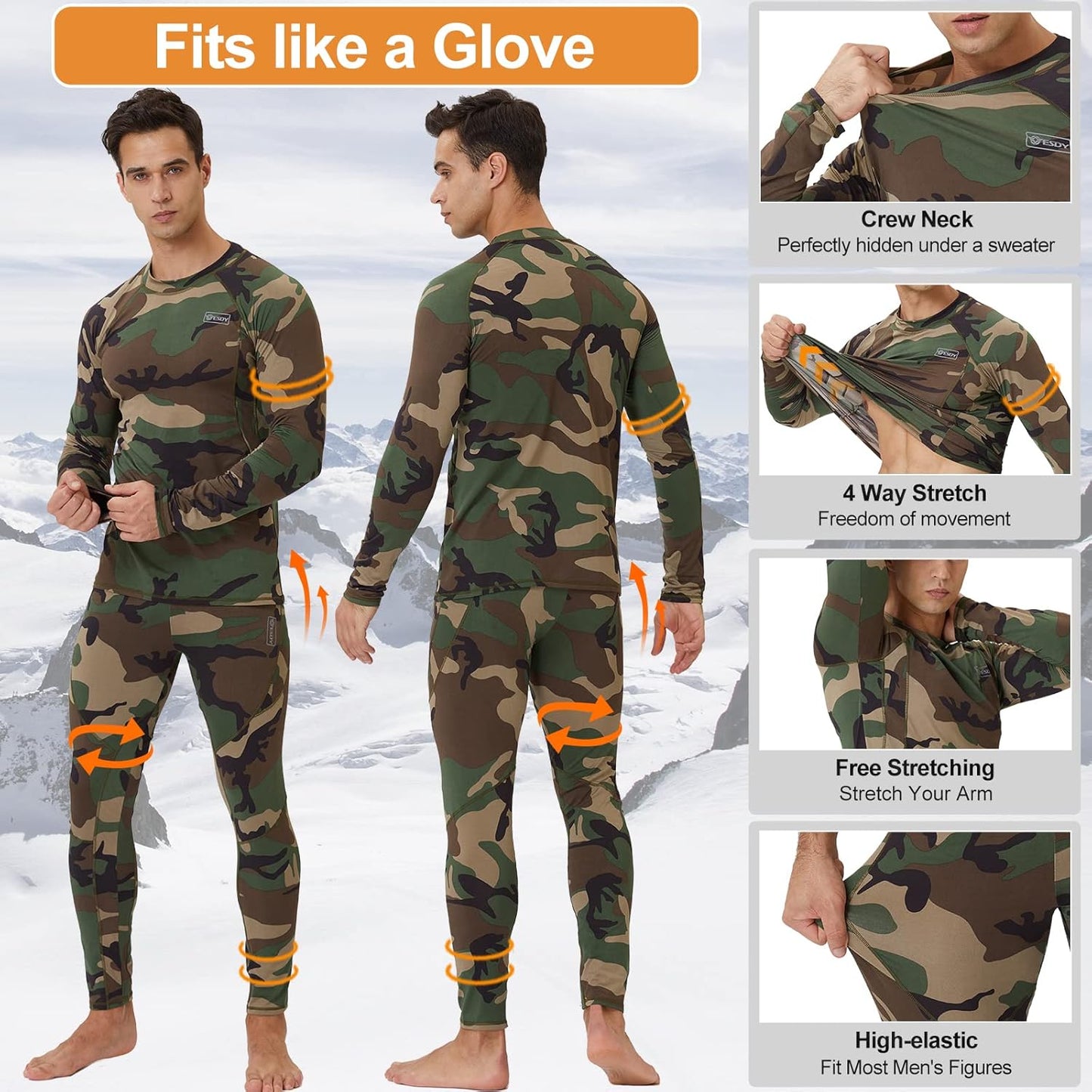 Herren Thermounterwäsche Set, Camouflage, langärmelig, atmungsaktiv, dehnbar, Outdoor-Aktivitäten.