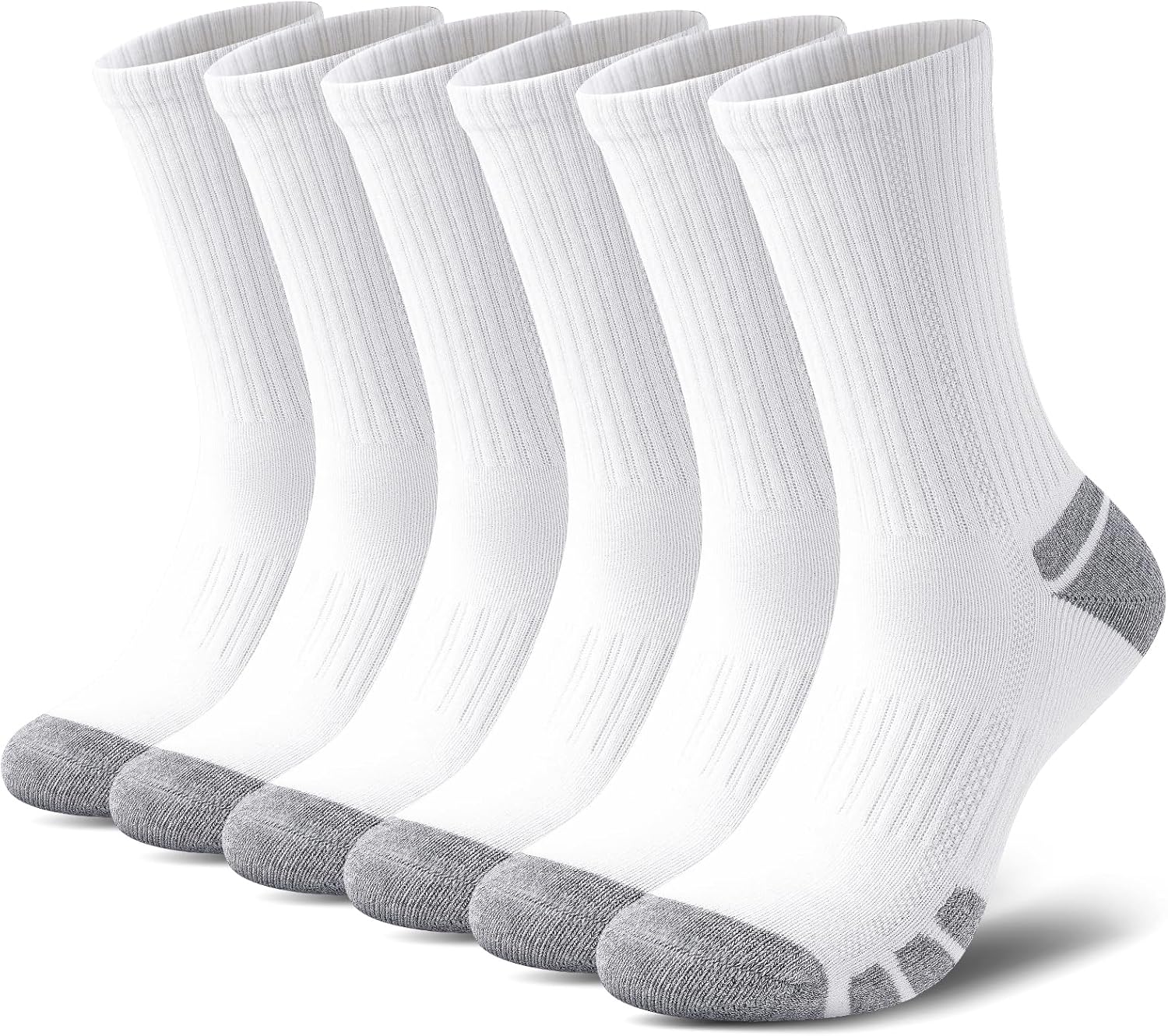 Sechs Paar weiße Sportsocken mit grauen Zehen und Fersen, atmungsaktiv, Baumwolle.