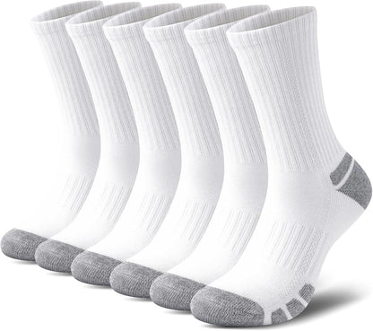 Sechs Paar weiße Sportsocken mit grauen Zehen und Fersen, atmungsaktiv, Baumwolle.