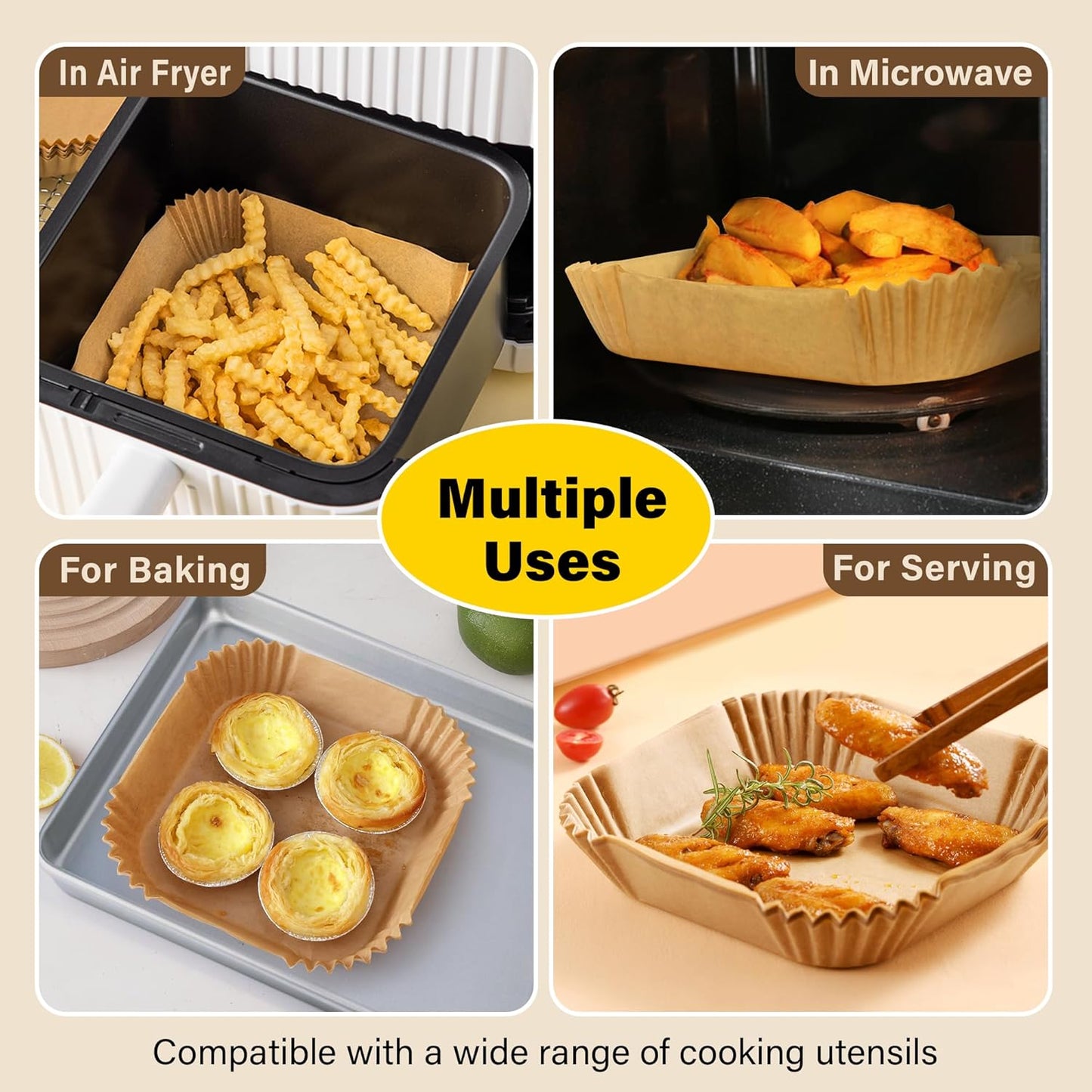 Mehrzweck Backpapier, braun, für Heißluftfritteuse, Mikrowelle, Backen, Servieren.