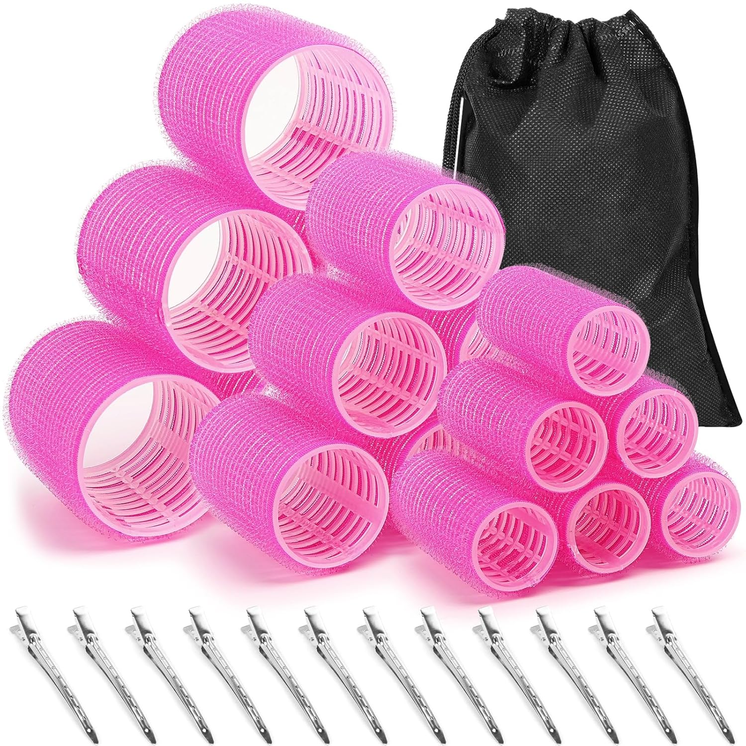 Rosa Lockenwickler Set mit Clips und schwarzem Aufbewahrungsbeutel für Haarstyling.