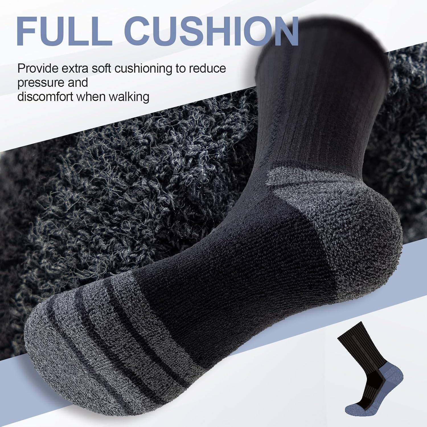 Schwarze gepolsterte Sportsocken, atmungsaktiv, rutschfest, ideal zum Laufen und Wandern.