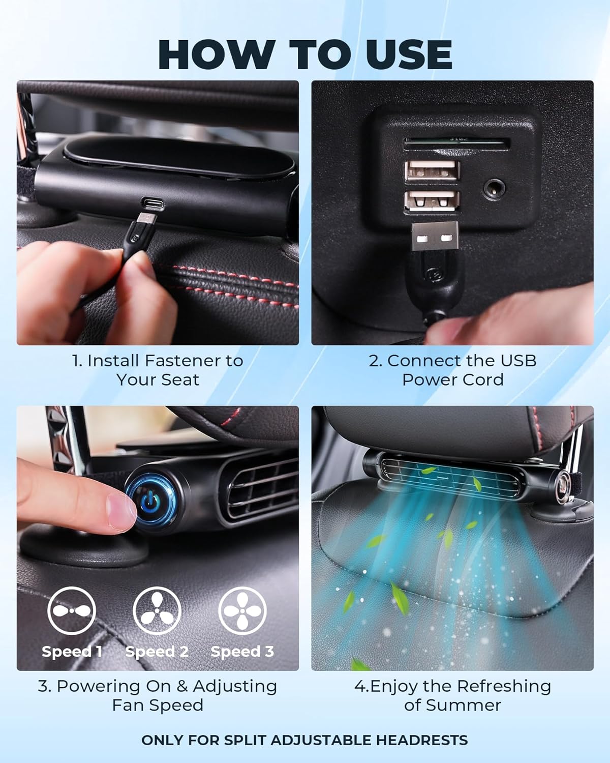 3 Geschwindigkeiten USB Auto Kühlventilator & Kopfstützenhalter – AutoBreeze (1+1 GRATIS)
