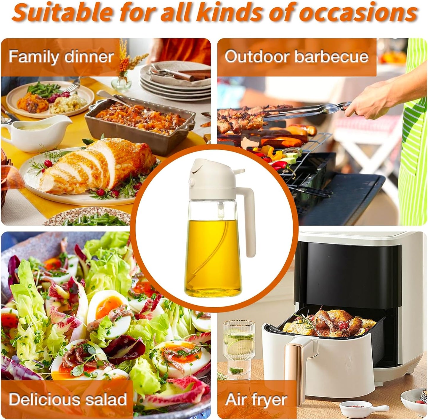 Ölspender aus Glas mit weißem Deckel, ideal für Küche, Grillen, Salate, Luftfritteuse.