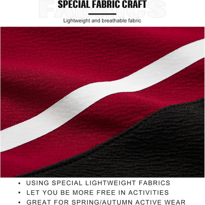 Roter und schwarzer Stoff mit weißem Streifen, leicht und atmungsaktiv, ideal für Sportbekleidung.