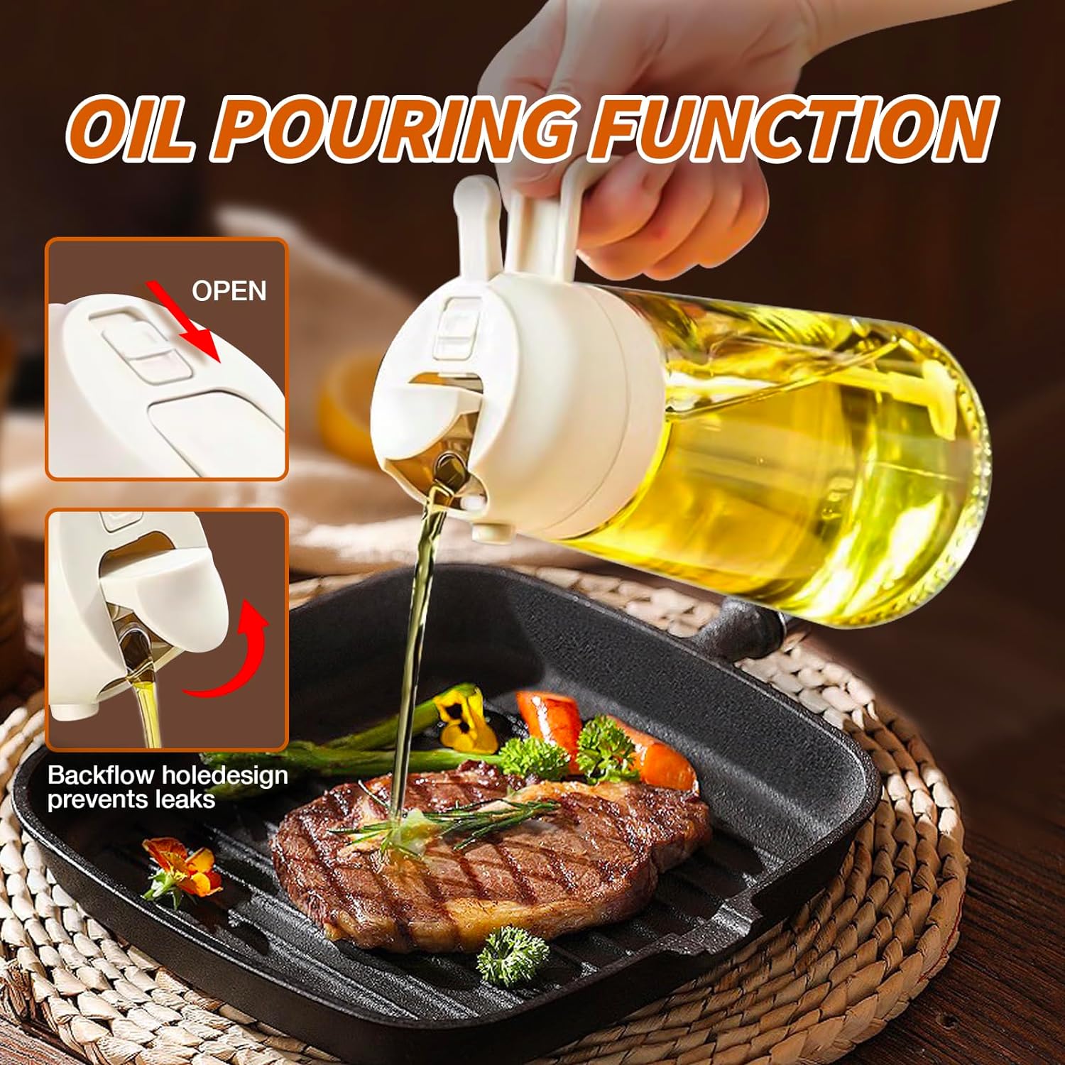 Ölspender aus Glas mit Ausgießer, tropffrei, ideal für Küche, Braten, Salate.