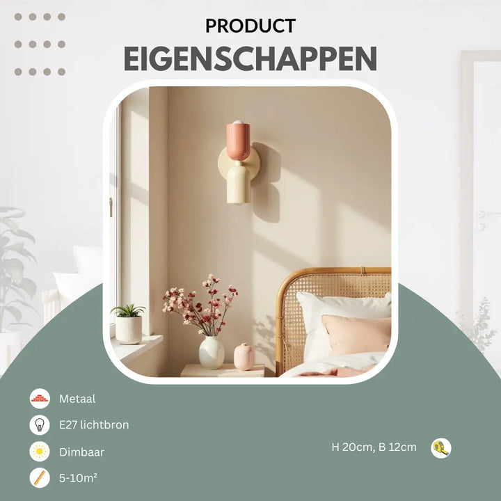 Infografik mit der Wandleuchte in rosa und cremefarbenen Schirmen über einem Nachttisch neben einem Rattan-Bett, dazu Symbole für Eigenschaften und Maße. 22
