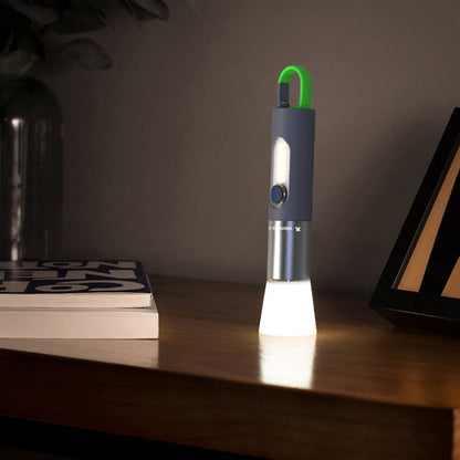 Tragbare LED-Taschenlampe, schwarz, auf Tisch, modernes Design, Nachtlicht, wiederaufladbar.