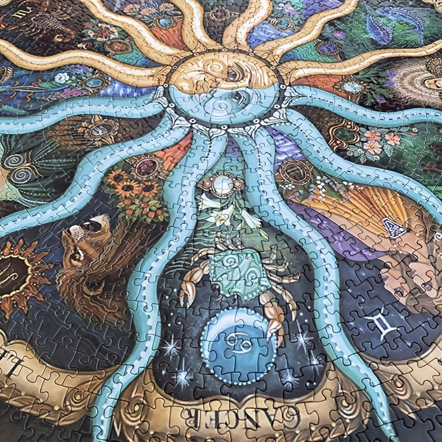 Rundes Puzzle mit Sonnen- und Mondmotiv, Tierkreiszeichen, farbenfroh, detailreich, 1000 Teile.