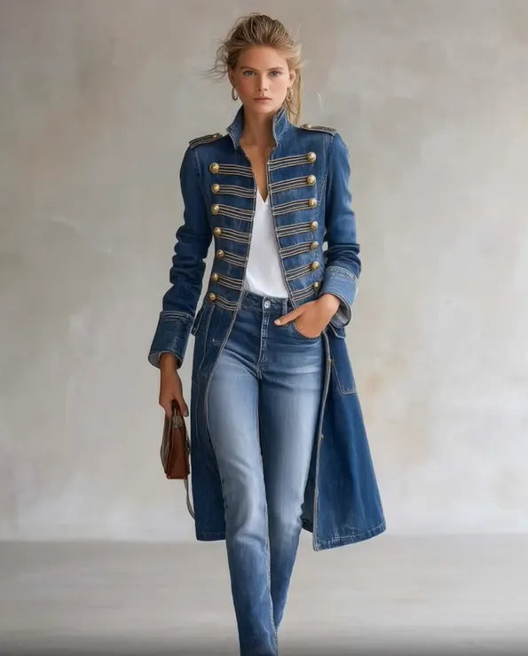 Ganzkörperansicht des blauen Jeansmantels von vorn, getragen mit Jeans, weißem Shirt und kleiner brauner Tasche vor heller Wand. 4