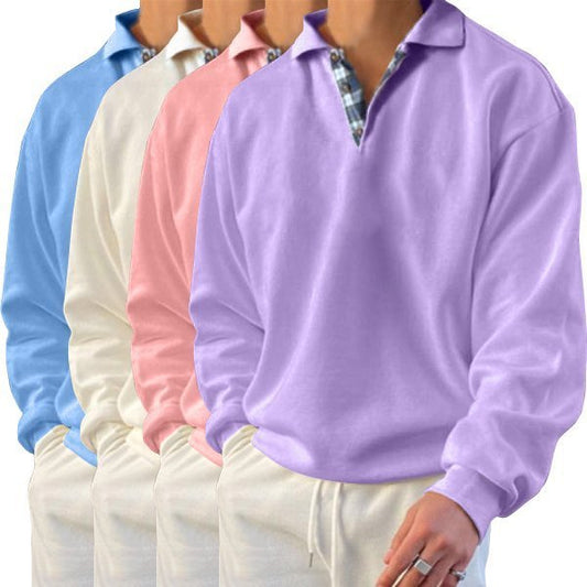 Vier Herren-Poloshirts in Pastellfarben: Lila, Rosa, Creme, Blau, aus Baumwolle.