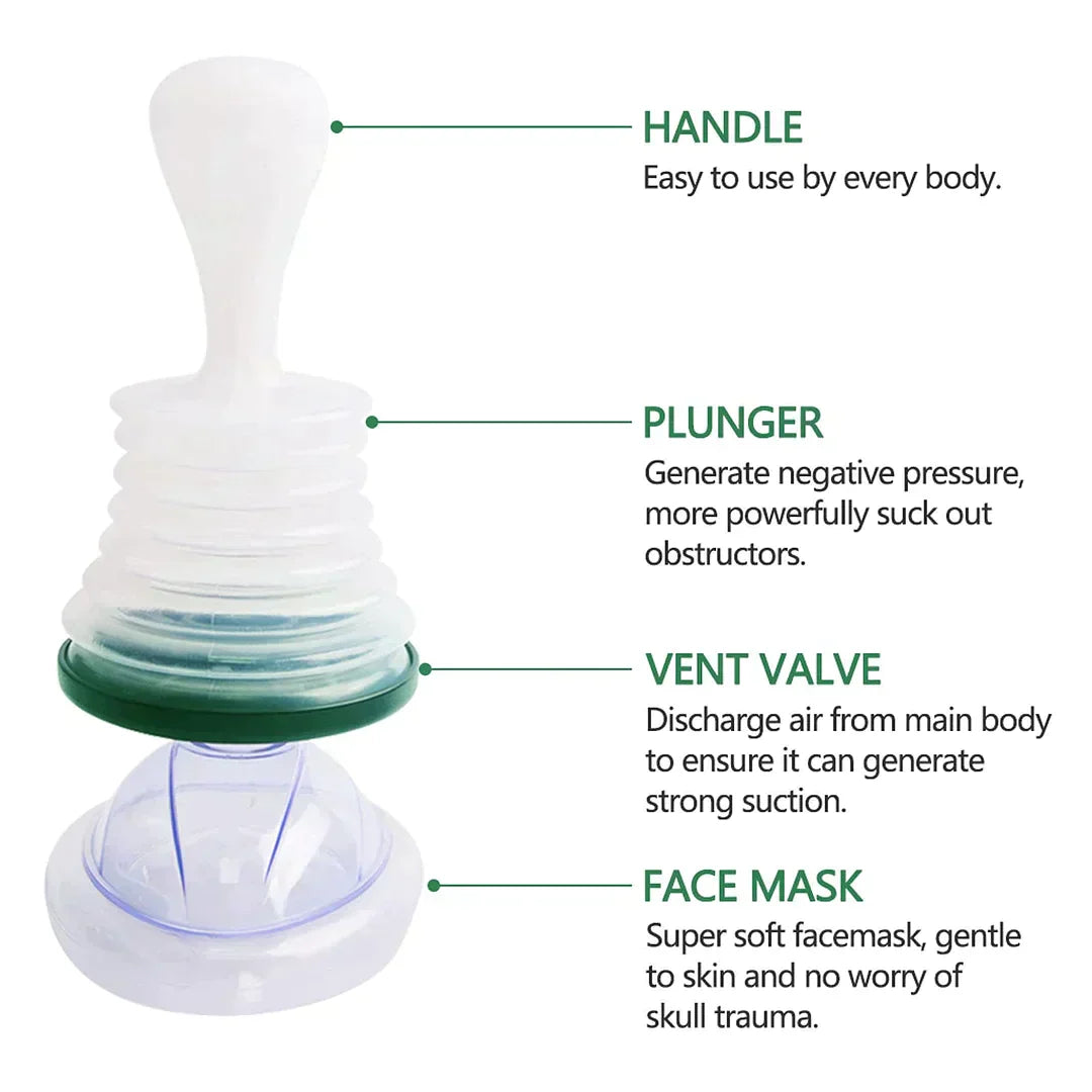 Manueller Nasensauger für Babys, transparent mit grünem Ventil, weiche Gesichtsmaske.