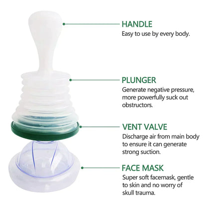 Manueller Nasensauger für Babys, transparent mit grünem Ventil, weiche Gesichtsmaske.