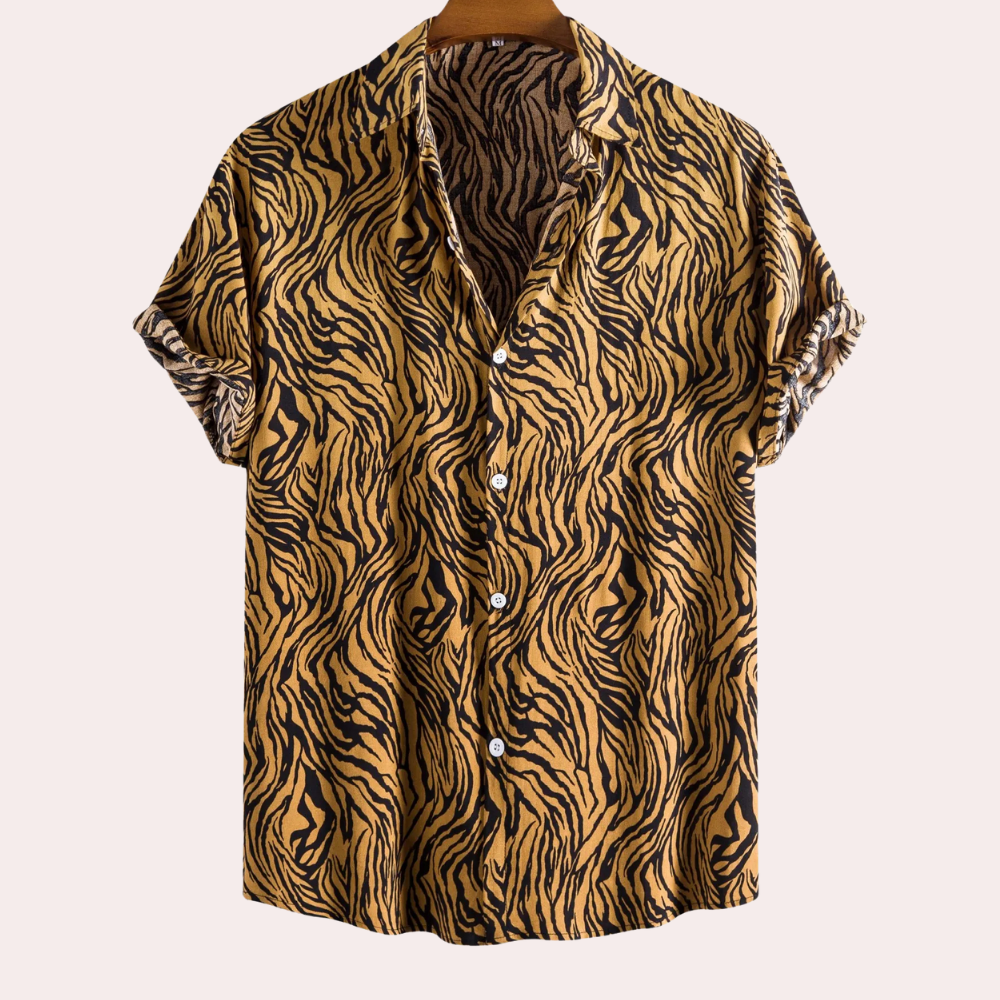 Kurzarmhemd mit Tigerstreifenmuster, gelb-schwarz, Baumwolle, Herrenmode, Sommerkleidung.