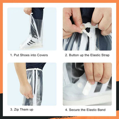 Transparente wasserdichte Schuhüberzieher mit Reißverschluss und elastischem Band für Regenschutz.