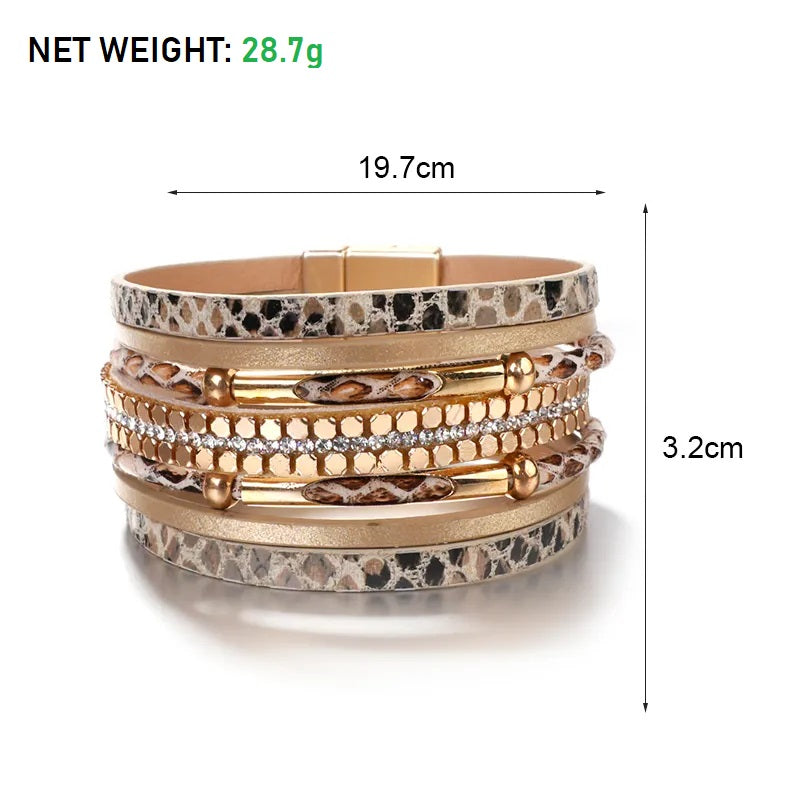 Breites Armband Damen, goldfarben, mit Strass und Leopardenmuster, 19,7 cm, modisch.