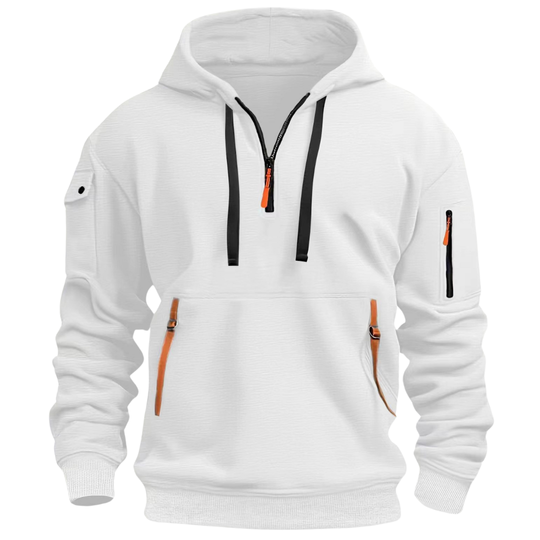 Weiße Herren-Kapuzenjacke mit Reißverschlüssen, Kordeln und Taschen, sportlich, modern.