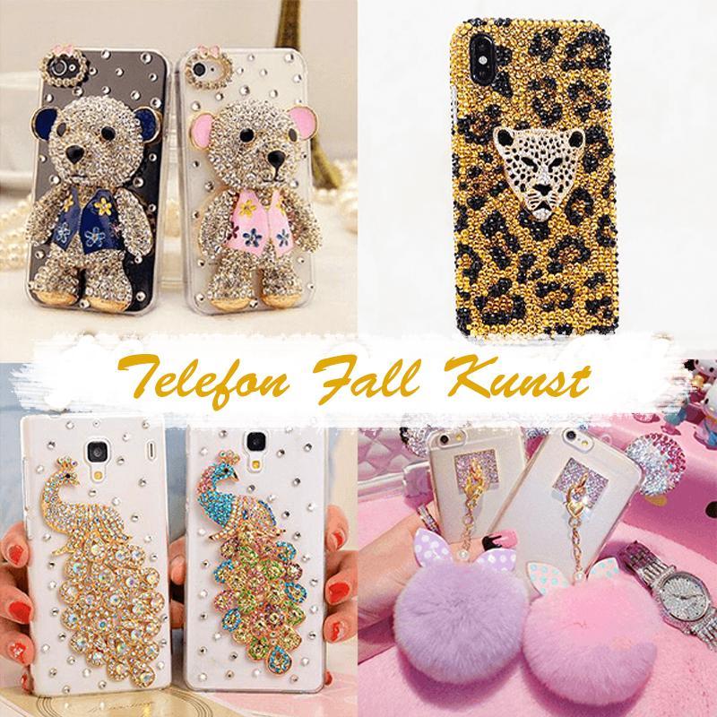 Collage mit Strass verzierter Handyhüllen mit Bären, Leopardenmuster und Pfauen, deutsche Bildunterschrift zur 10