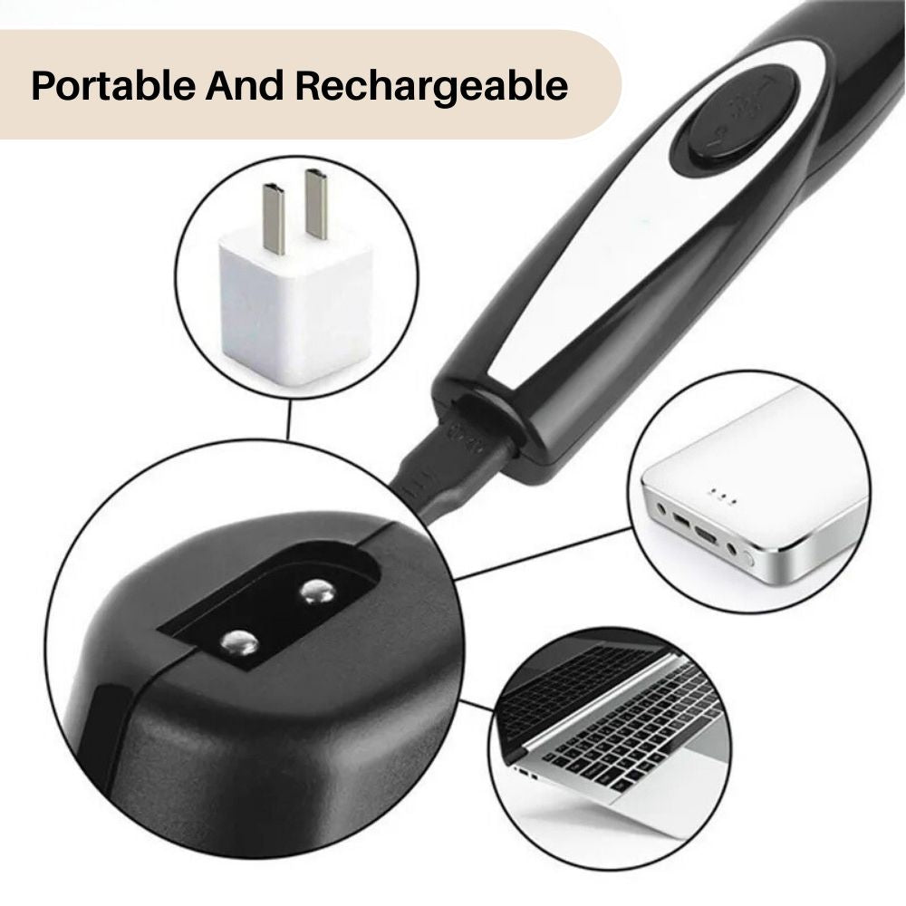 Tragbarer, wiederaufladbarer elektrischer Tierhaarschneider, schwarz, USB-Anschluss.