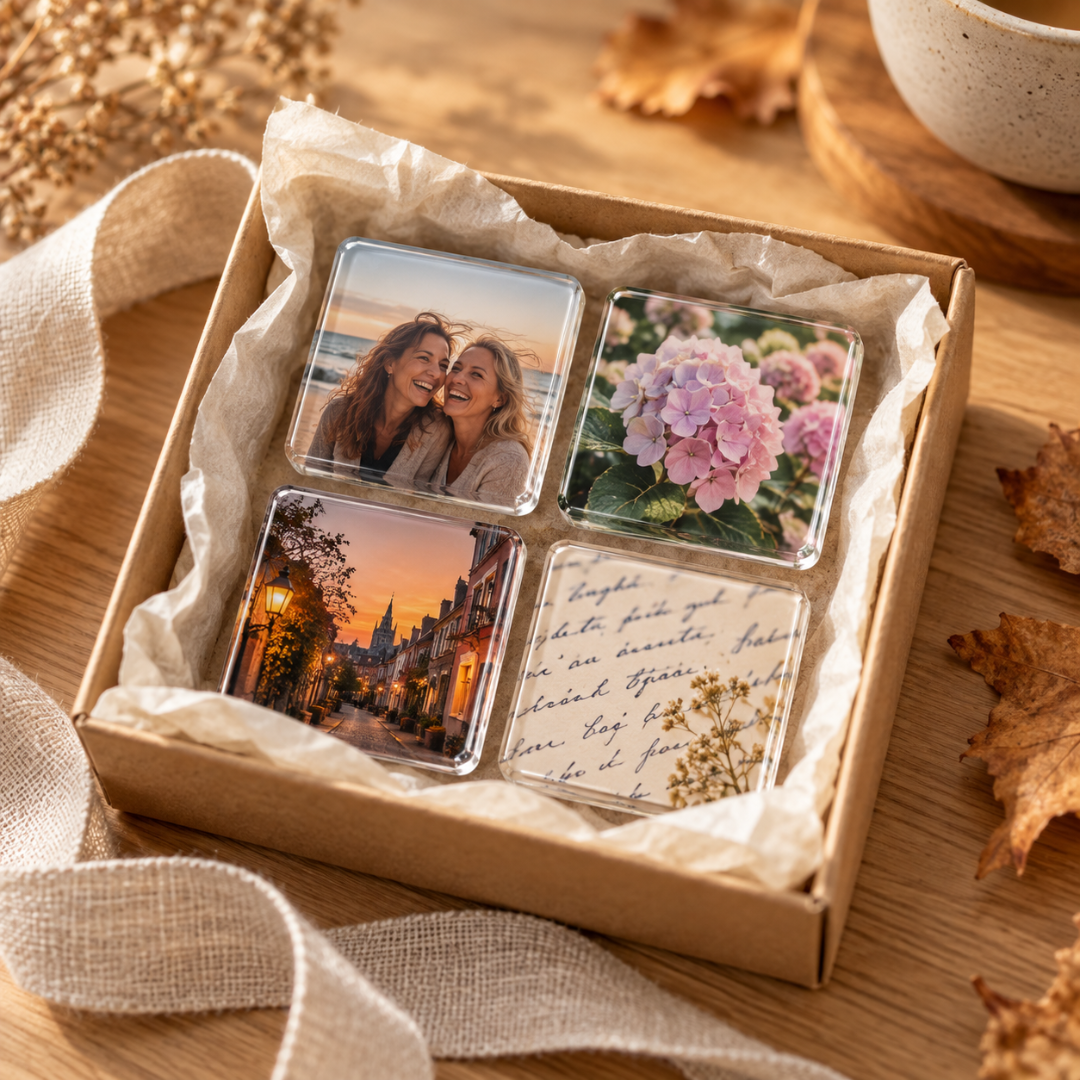 Vier quadratische Fotomagnete mit Porträt, Hortensien, Abendstraße und Schriftmotiv als Geschenk in Pappschachtel mit 7