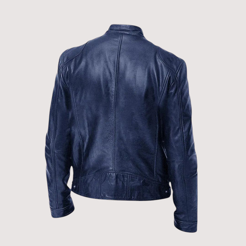 Dunkelblaue Lederjacke von hinten mit Steppnähten am Rücken und Druckknöpfen am Saum 5