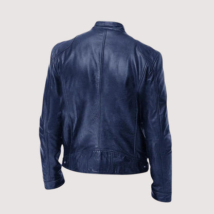 Dunkelblaue Lederjacke von hinten mit Steppnähten am Rücken und Druckknöpfen am Saum 5