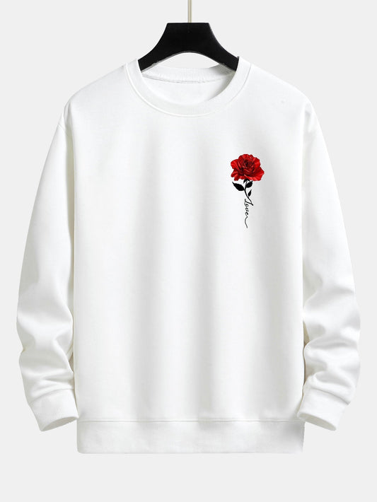 Weißer Pullover mit roter Rose, Unisex, Baumwolle, modisch, lässig, Langarm, Streetwear.