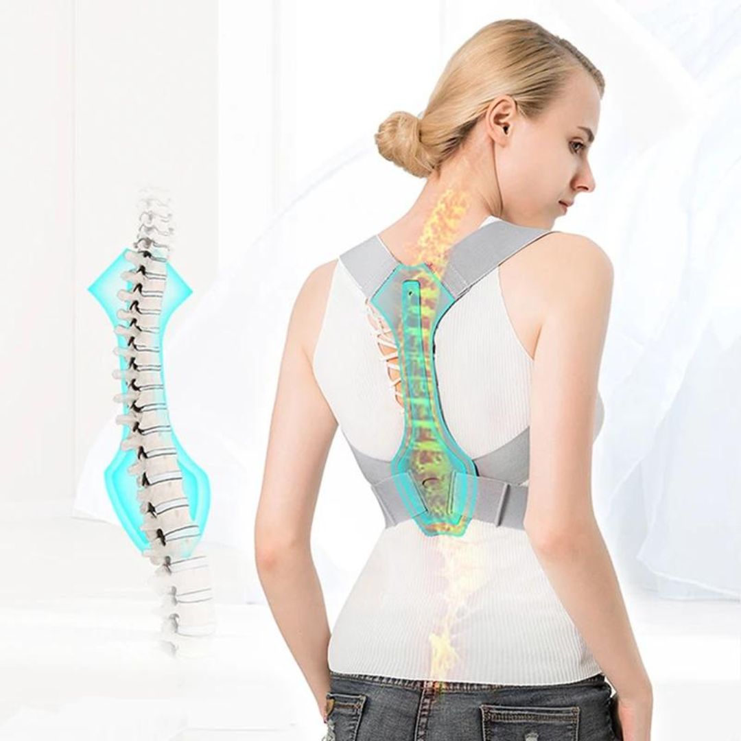 Frau mit Rückenstützgürtel, Haltungskorrektur, weiß, ergonomisch, Wirbelsäulenunterstützung.