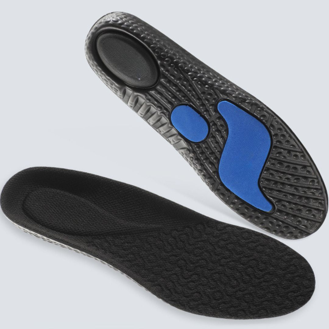 Schwarze orthopädische Einlegesohlen mit blauen Gelpolstern für Komfort und Unterstützung.