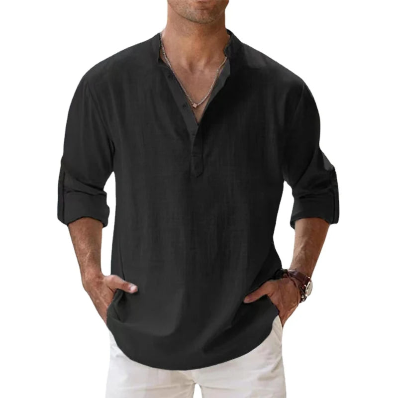 Men's Linen Henley Shirt, Relaxed Fit Button Neck Summer Top 7
