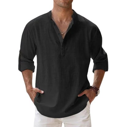 Men's Linen Henley Shirt, Relaxed Fit Button Neck Summer Top 7